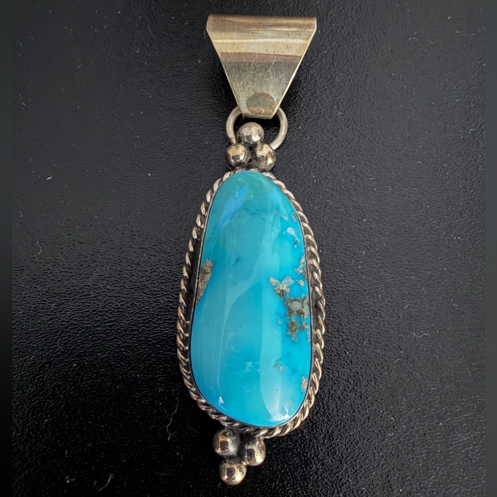 Vintage Navajo Turquoise Sterling Silver Pendant Rope Bezel Rain Beads Gorgeous